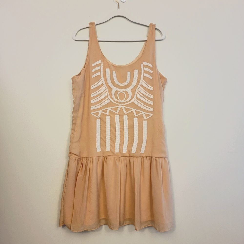 Bar III Boho Drop Waist Tunic Dress Sleeveless Cream Embroidered